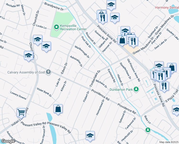 map of restaurants, bars, coffee shops, grocery stores, and more near 4825 Admiration Drive in Virginia Beach