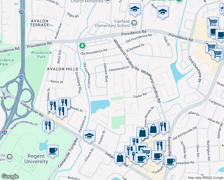 map of restaurants, bars, coffee shops, grocery stores, and more near 1033 Fireside Lane in Virginia Beach