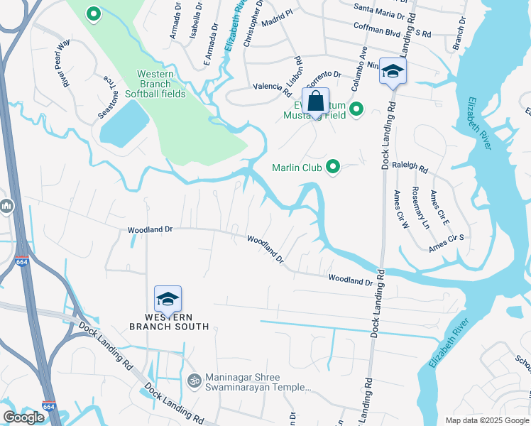 map of restaurants, bars, coffee shops, grocery stores, and more near 1820 Candy Lane in Chesapeake