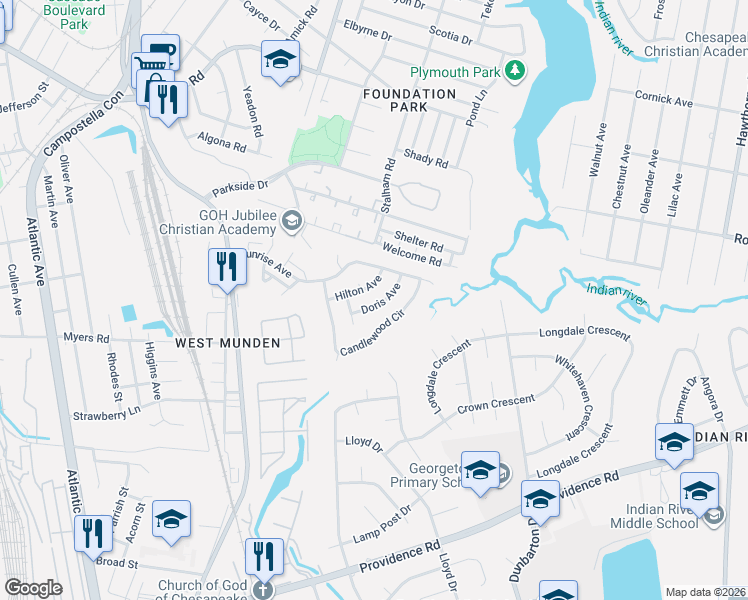 map of restaurants, bars, coffee shops, grocery stores, and more near 2917 Doris Avenue in Chesapeake