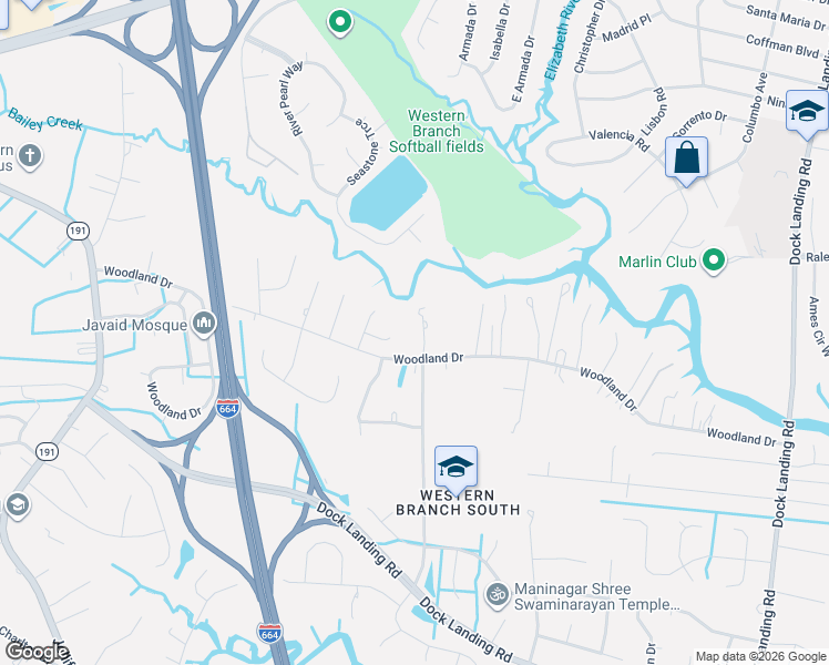 map of restaurants, bars, coffee shops, grocery stores, and more near 1808 Chaz Court in Chesapeake
