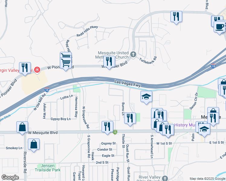 map of restaurants, bars, coffee shops, grocery stores, and more near 526 Pinyon Lane in Mesquite