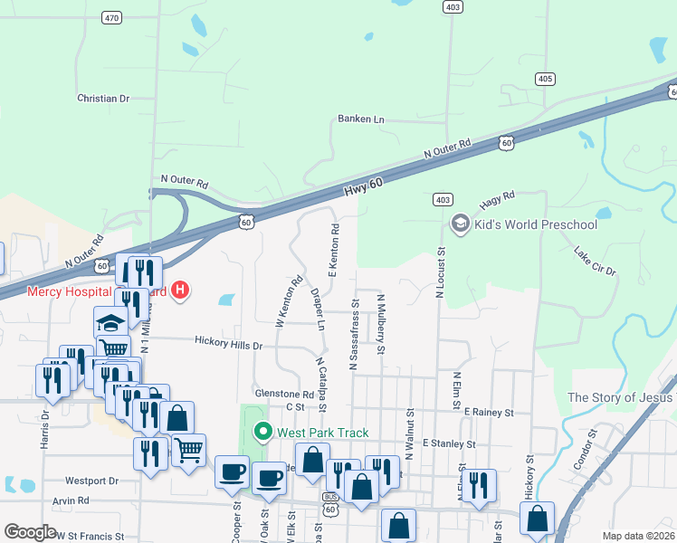map of restaurants, bars, coffee shops, grocery stores, and more near 1308 East Kenton Road in Dexter