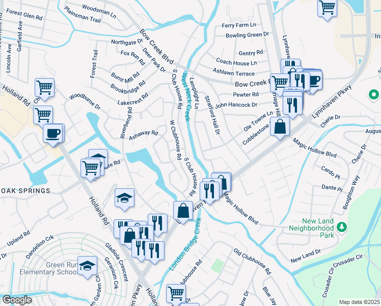 map of restaurants, bars, coffee shops, grocery stores, and more near 900 South Club House Road in Virginia Beach