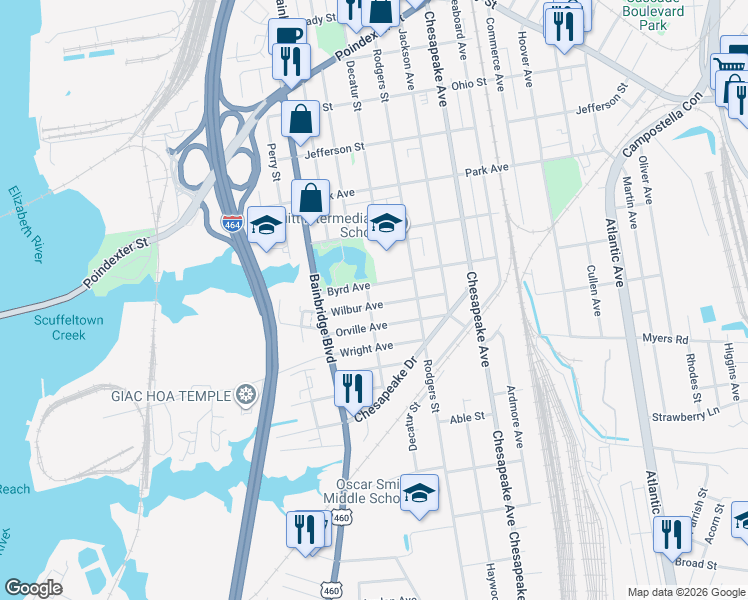 map of restaurants, bars, coffee shops, grocery stores, and more near 1103 Wilbur Avenue in Chesapeake