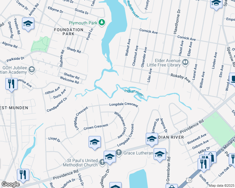 map of restaurants, bars, coffee shops, grocery stores, and more near Longdale Crescent in Chesapeake