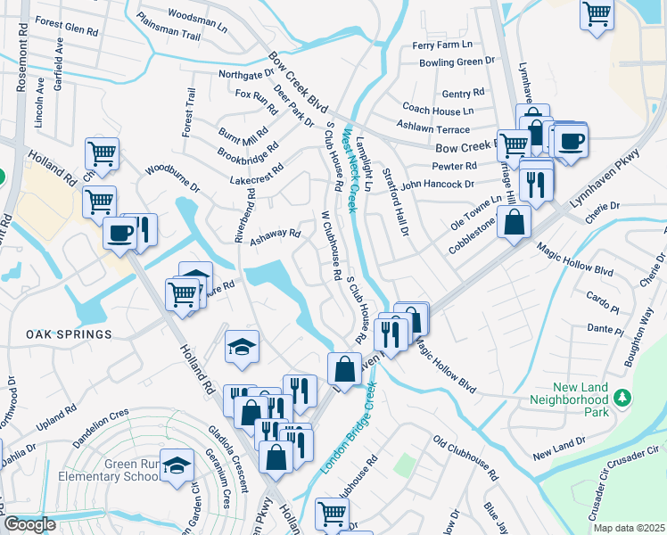 map of restaurants, bars, coffee shops, grocery stores, and more near 901 Dixie Drive in Virginia Beach