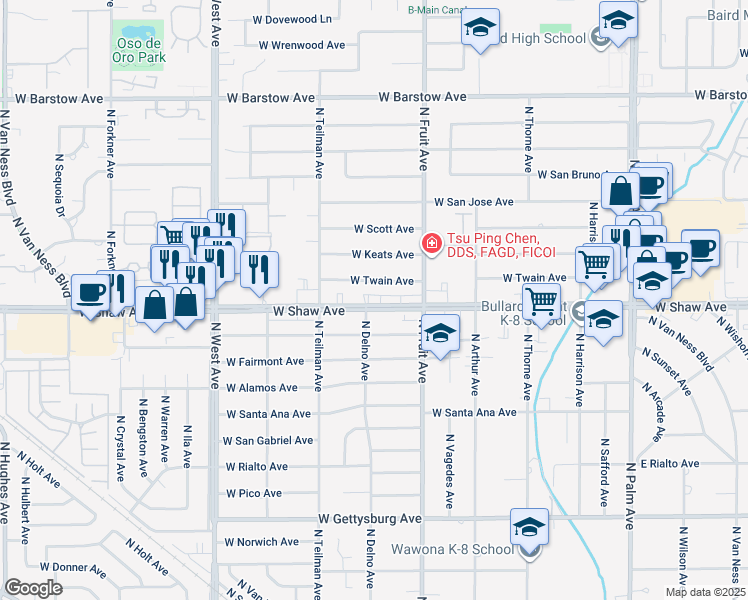 map of restaurants, bars, coffee shops, grocery stores, and more near 1490 West Shaw Avenue in Fresno