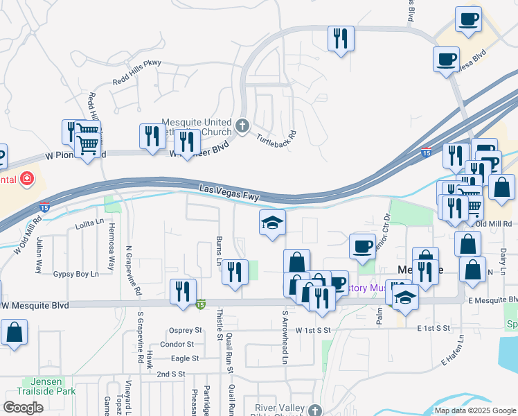 map of restaurants, bars, coffee shops, grocery stores, and more near 415 West Old Mill Road in Mesquite
