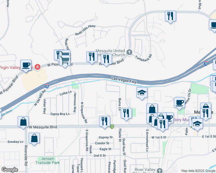 map of restaurants, bars, coffee shops, grocery stores, and more near 526 Pinyon Lane in Mesquite