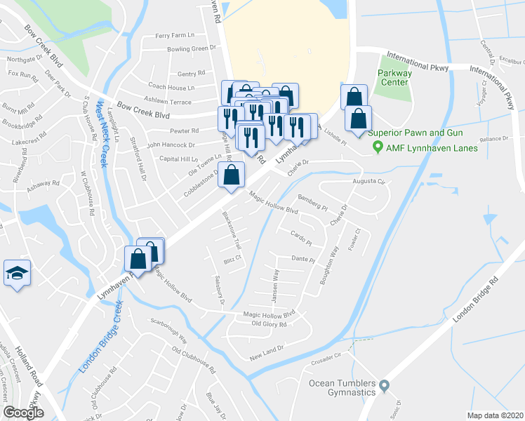 map of restaurants, bars, coffee shops, grocery stores, and more near 2961 Trewey Court in Virginia Beach