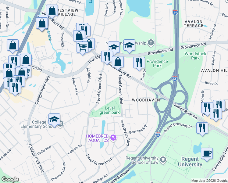 map of restaurants, bars, coffee shops, grocery stores, and more near 1008 Bryce Lane in Virginia Beach