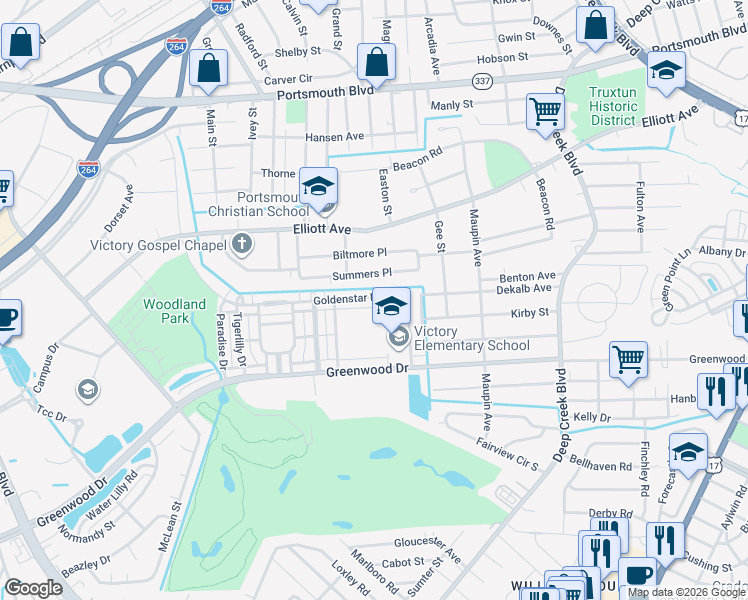 map of restaurants, bars, coffee shops, grocery stores, and more near 213 Goldin Drive in Portsmouth