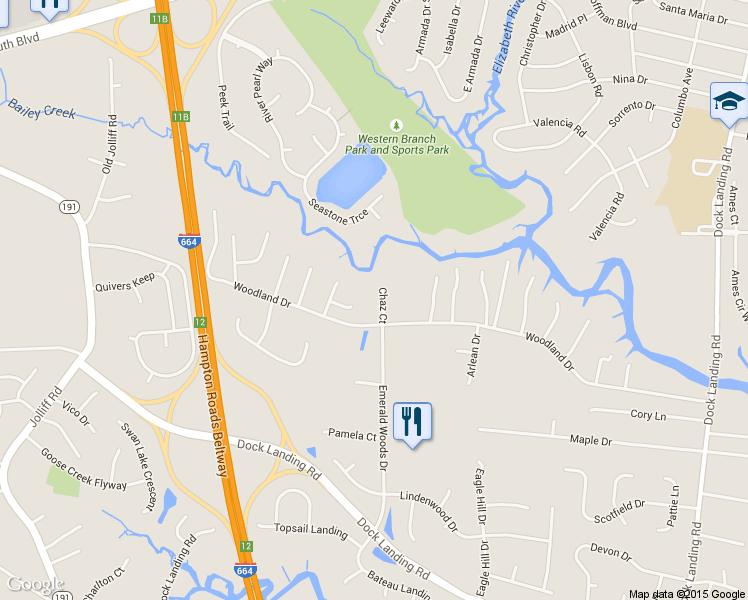 map of restaurants, bars, coffee shops, grocery stores, and more near 1808 Chaz Court in Chesapeake