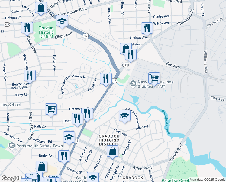 map of restaurants, bars, coffee shops, grocery stores, and more near 911 Suburban Parkway in Portsmouth