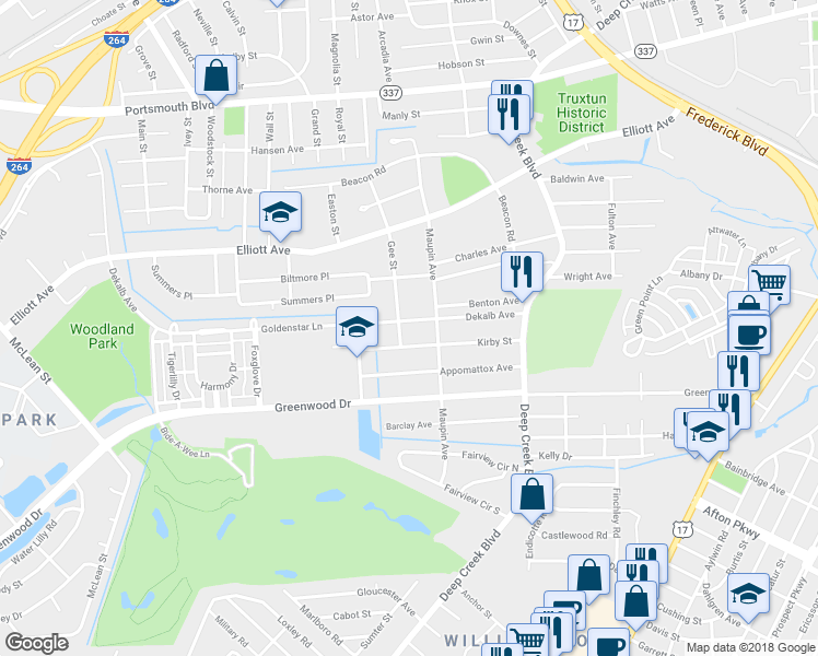 map of restaurants, bars, coffee shops, grocery stores, and more near 301 Gee Street in Portsmouth