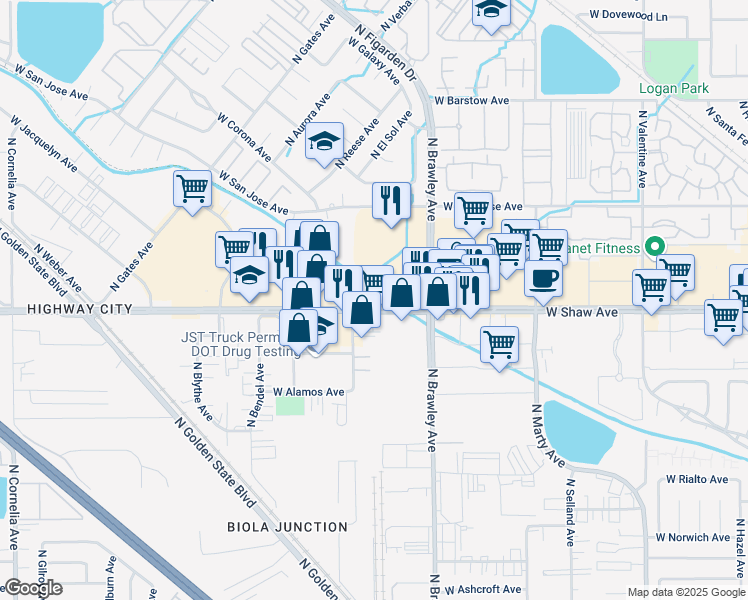 map of restaurants, bars, coffee shops, grocery stores, and more near 4102 West Shaw Avenue in Fresno