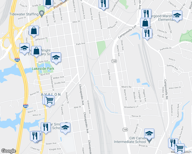 map of restaurants, bars, coffee shops, grocery stores, and more near 1600 Pocahontas Ave in Chesapeake