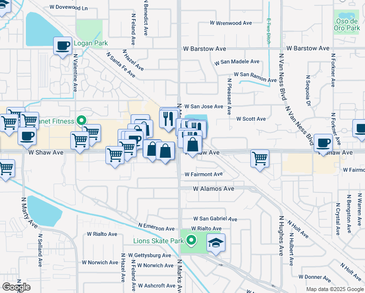 map of restaurants, bars, coffee shops, grocery stores, and more near 2765 West Shaw Avenue in Fresno