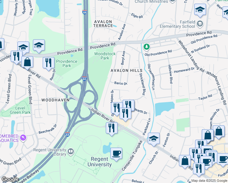 map of restaurants, bars, coffee shops, grocery stores, and more near 944 Aspen Drive in Virginia Beach