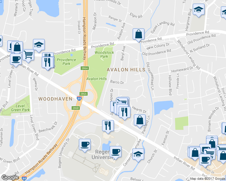 map of restaurants, bars, coffee shops, grocery stores, and more near 944 Aspen Drive in Virginia Beach