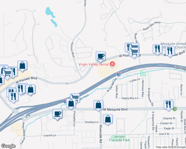 map of restaurants, bars, coffee shops, grocery stores, and more near 840 West Pioneer Boulevard in Mesquite