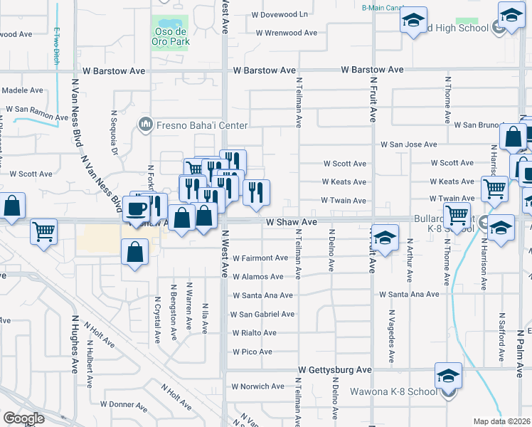 map of restaurants, bars, coffee shops, grocery stores, and more near in Fresno