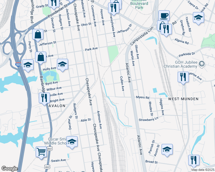 map of restaurants, bars, coffee shops, grocery stores, and more near 1600 Pocahontas Ave in Chesapeake