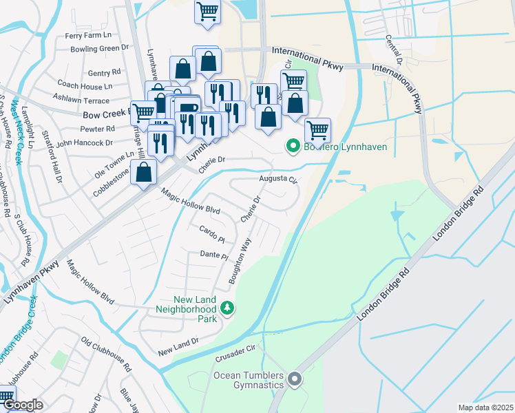 map of restaurants, bars, coffee shops, grocery stores, and more near 2865 Augusta Circle in Virginia Beach