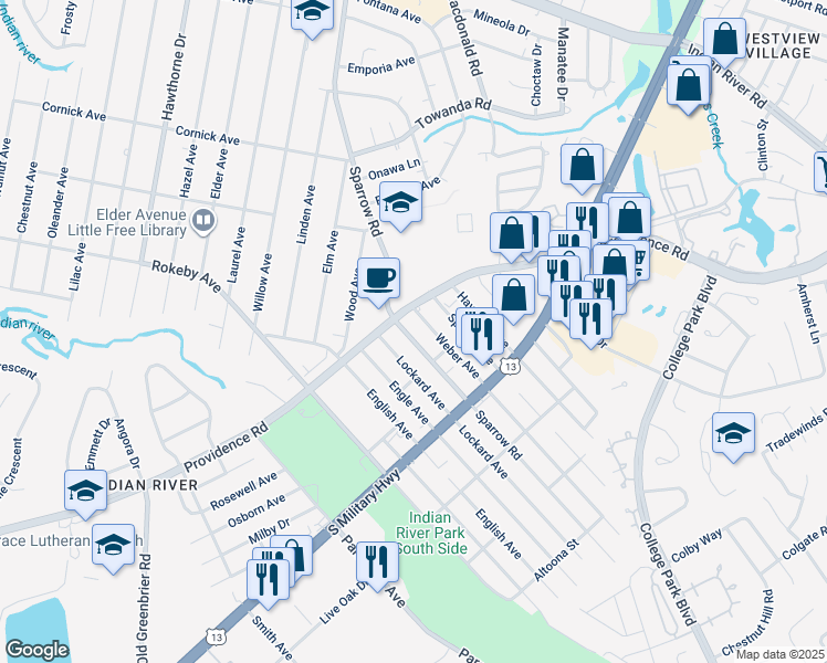 map of restaurants, bars, coffee shops, grocery stores, and more near 1716 Sparrow Road in Chesapeake