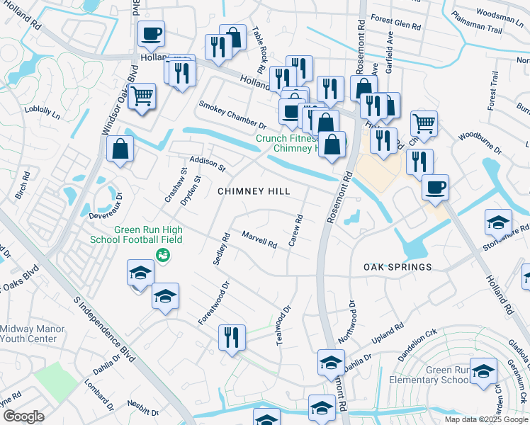 map of restaurants, bars, coffee shops, grocery stores, and more near 801 Housman Court in Virginia Beach