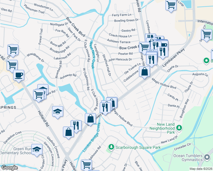 map of restaurants, bars, coffee shops, grocery stores, and more near 3125 Ole Towne Lane in Virginia Beach
