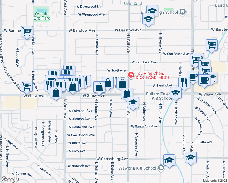 map of restaurants, bars, coffee shops, grocery stores, and more near 1490 West Shaw Avenue in Fresno