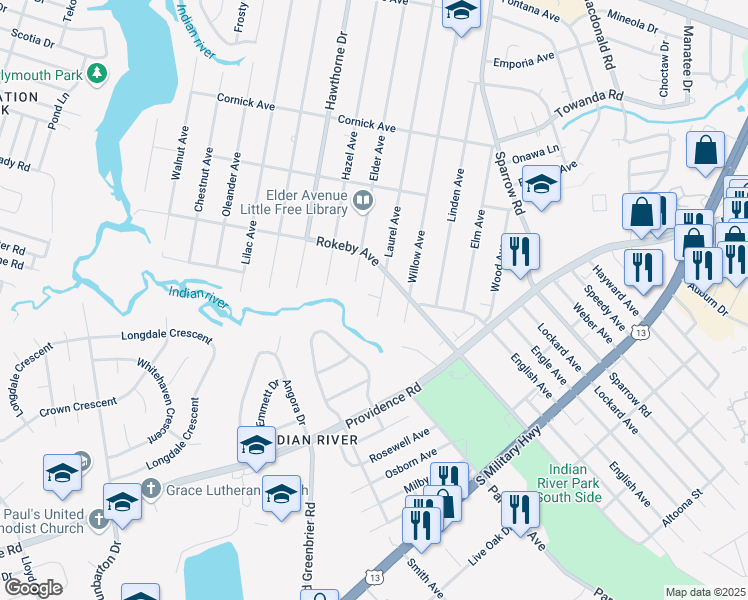 map of restaurants, bars, coffee shops, grocery stores, and more near 1639 Laurel Avenue in Chesapeake