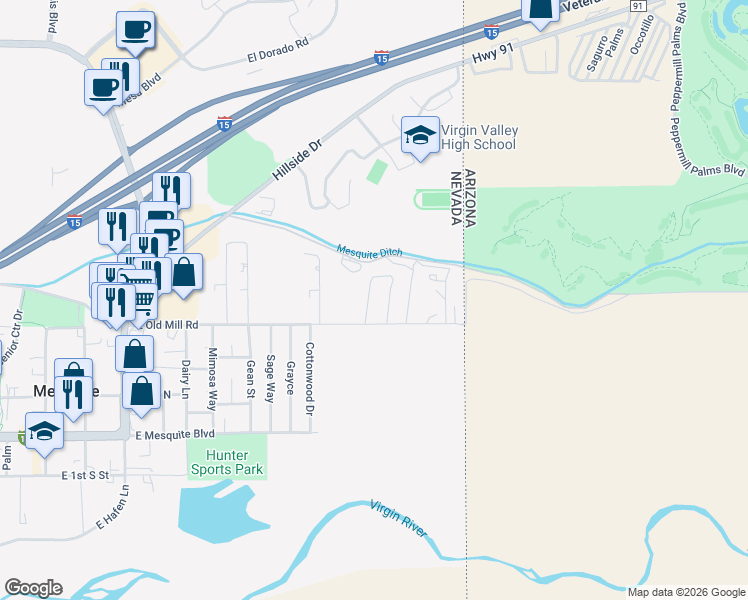 map of restaurants, bars, coffee shops, grocery stores, and more near 328 Francy Lane in Mesquite