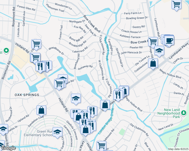 map of restaurants, bars, coffee shops, grocery stores, and more near 1040 Blue Spring Court in Virginia Beach