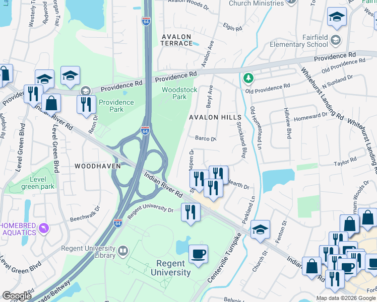 map of restaurants, bars, coffee shops, grocery stores, and more near 944 Aspen Drive in Virginia Beach