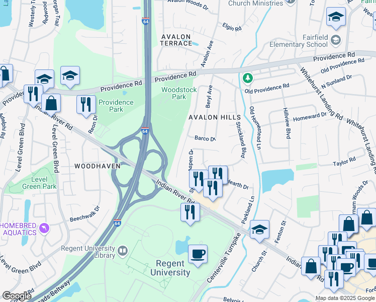 map of restaurants, bars, coffee shops, grocery stores, and more near 944 Aspen Drive in Virginia Beach