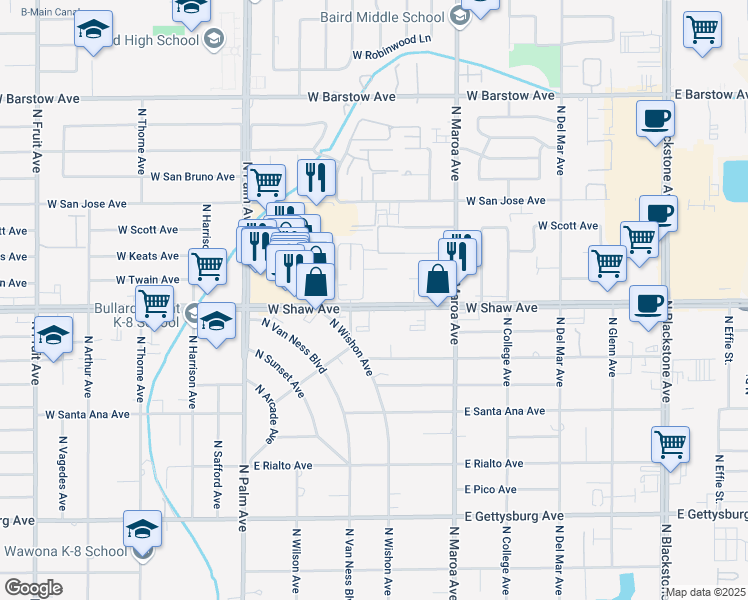 map of restaurants, bars, coffee shops, grocery stores, and more near in Fresno County