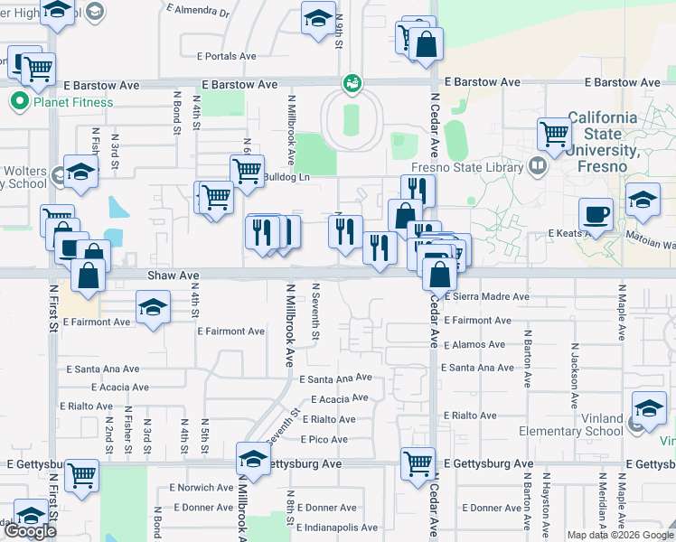 map of restaurants, bars, coffee shops, grocery stores, and more near Shaw Avenue & North 9th Street in Fresno