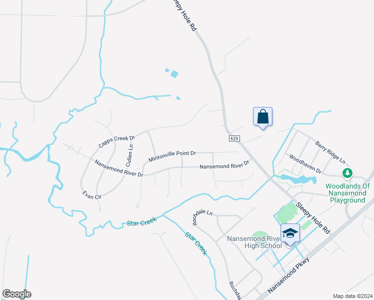 map of restaurants, bars, coffee shops, grocery stores, and more near 3329 Mintonville Point Drive in Suffolk