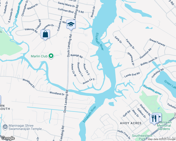 map of restaurants, bars, coffee shops, grocery stores, and more near 1897 Ames Circle East in Chesapeake