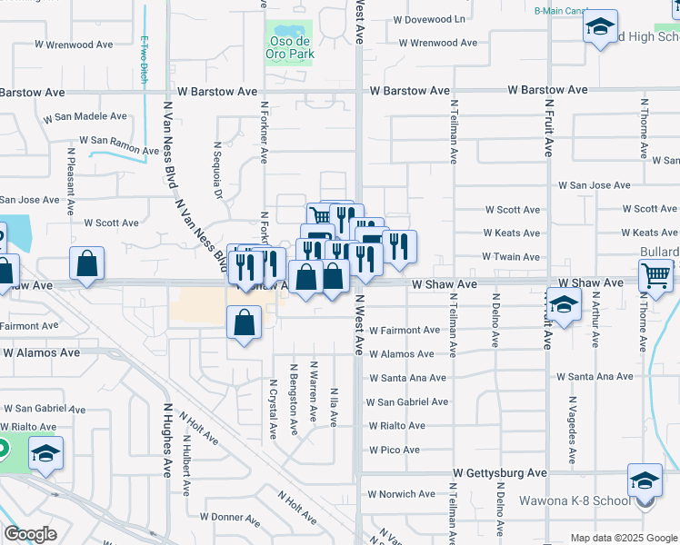 map of restaurants, bars, coffee shops, grocery stores, and more near 2040 West Shaw Avenue in Fresno