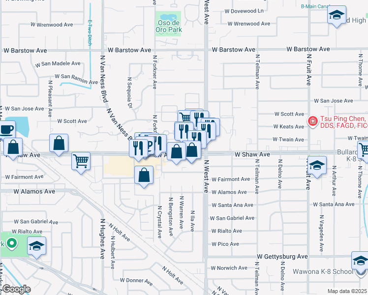 map of restaurants, bars, coffee shops, grocery stores, and more near 2088 West Shaw Avenue in Fresno