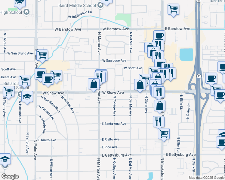 map of restaurants, bars, coffee shops, grocery stores, and more near 310 West Shaw Avenue in Fresno