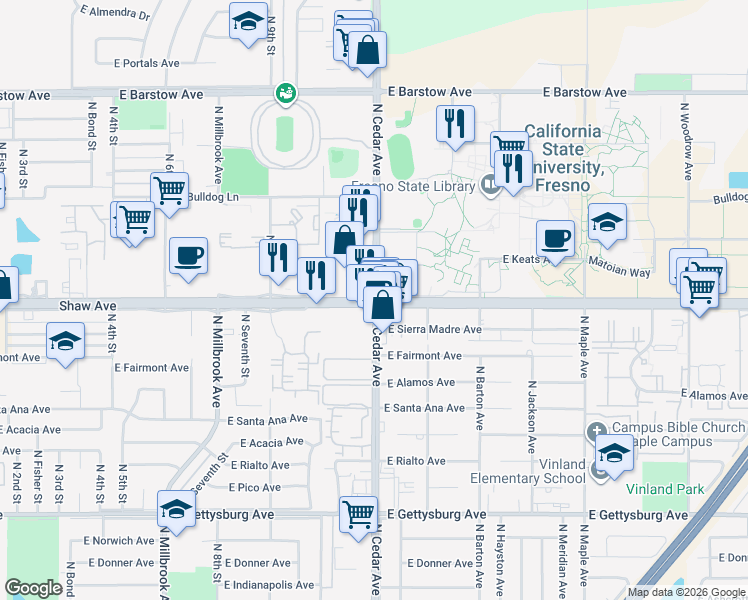 map of restaurants, bars, coffee shops, grocery stores, and more near E Shaw Ave & N Cedar Ave in Fresno