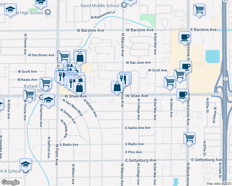 map of restaurants, bars, coffee shops, grocery stores, and more near 422 West Shaw Avenue in Fresno