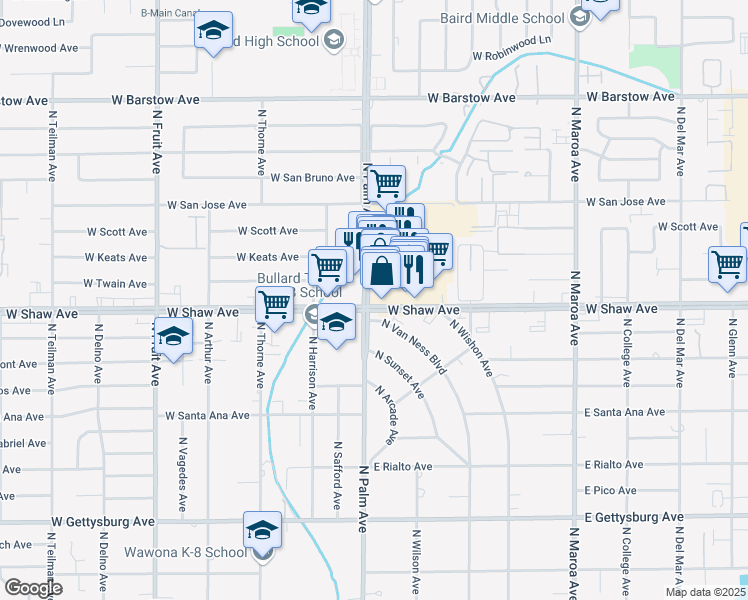 map of restaurants, bars, coffee shops, grocery stores, and more near 774 West Shaw Avenue in Fresno