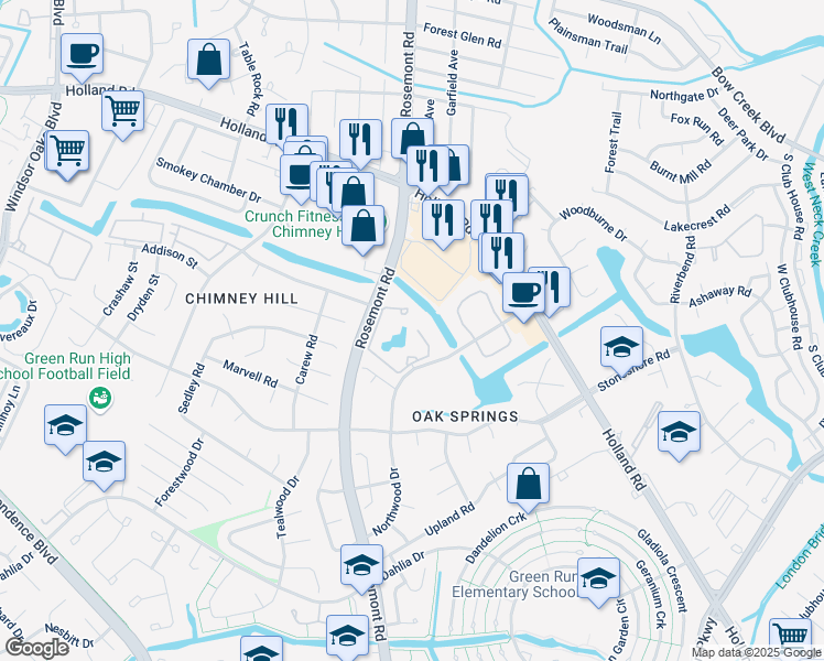 map of restaurants, bars, coffee shops, grocery stores, and more near 701 Willow Lake Circle in Virginia Beach