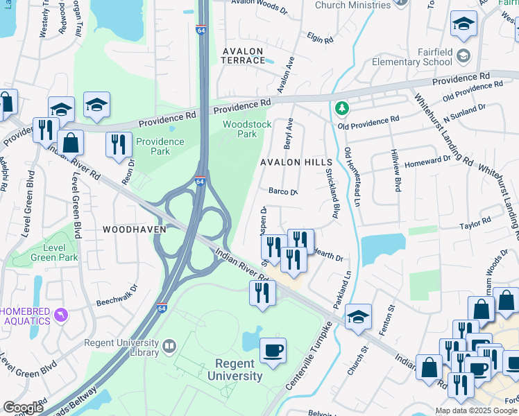 map of restaurants, bars, coffee shops, grocery stores, and more near 944 Aspen Drive in Virginia Beach